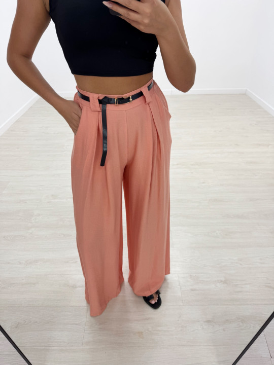 PANTALÓN WIDE LEG FLUIDO + CINTURÓN CORAL